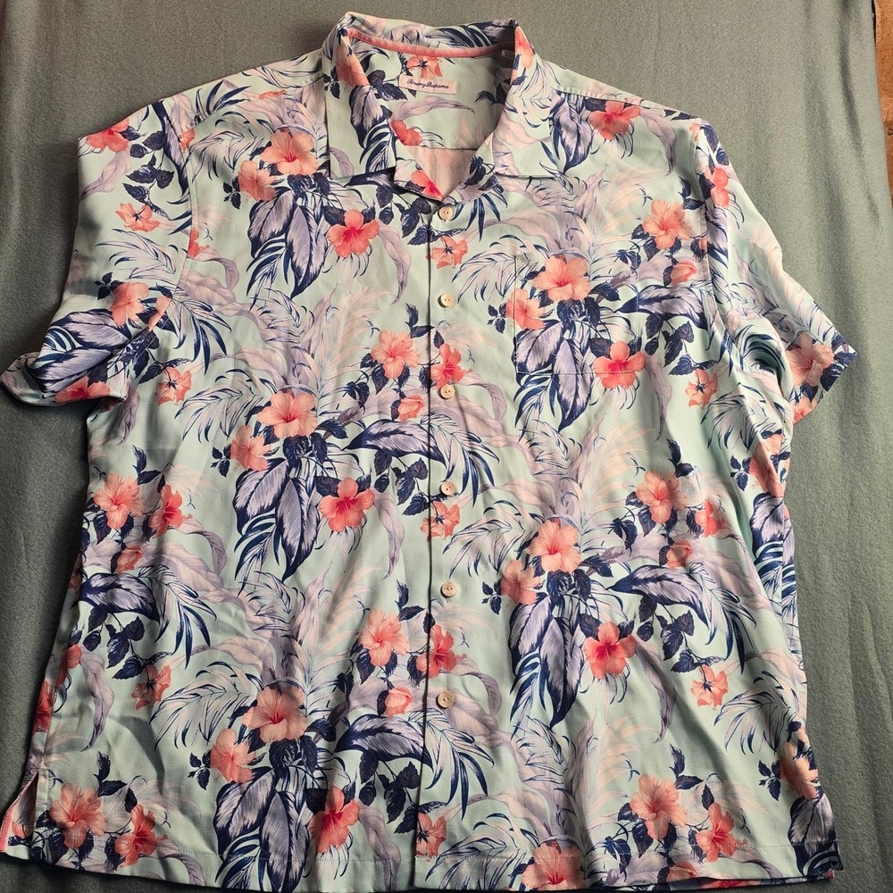 Tommy Bahama Mens 2XLB Silk Blend‎ Tropical Hibiscus Floral Camp Shirt Blue Pink